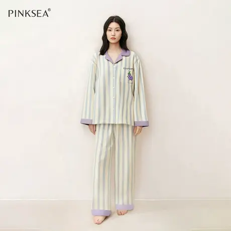 【新款】纯棉睡衣女款秋冬季长袖长裤紫色高级感条纹家居服套装商品大图