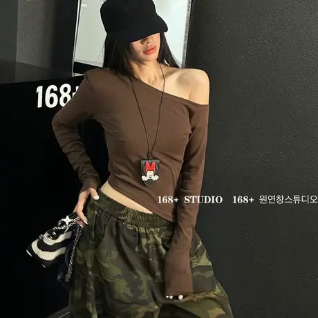 高腰短款净版斜肩打底衫女秋冬紧身修身洋气长袖t恤2025新款爆款商品大图