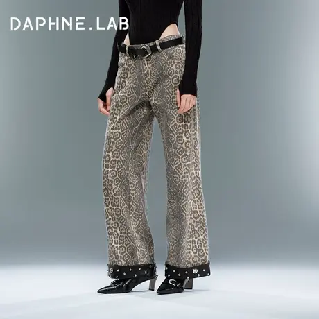 DAPHNE LAB铆钉豹纹牛仔裤复古朋克直筒做旧牛仔裤女图片