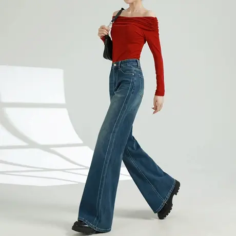 莱赛尔微喇牛仔裤女2025年新款高腰不贴腿显瘦复古宽松拖地喇叭裤商品大图