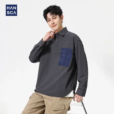 hansca美式复古宽松男衬衫长袖2025新款秋季工装休闲立领衬衣外套商品大图