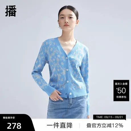 【播奥莱】播提花羊毛针织开衫2024早春新款时髦短款v领毛衣商品大图
