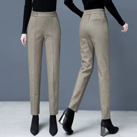 人字纹毛呢裤女秋冬2023新款高腰宽松显瘦哈伦裤妮子小脚休闲裤子商品大图