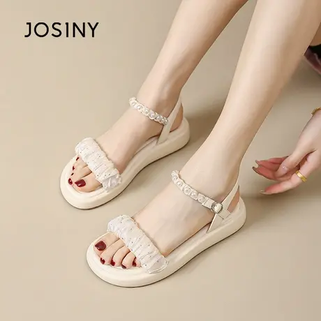 卓诗尼凉鞋女款2025新款外穿平底百搭沙滩鞋一字扣珍珠仙女风女鞋图片