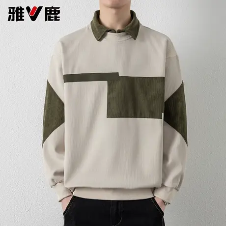 雅鹿假两件撞色翻领卫衣男2026春季新款青年时尚文艺复古港风上衣商品大图
