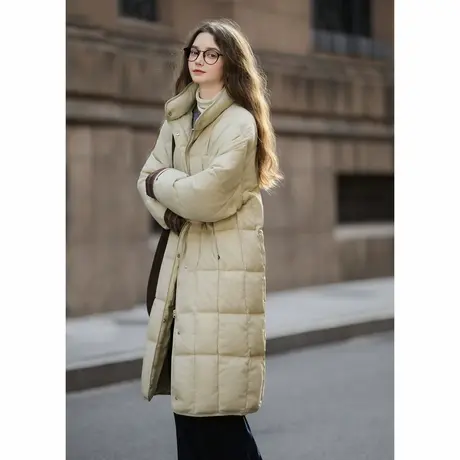 唐狮冬长款羽绒服女立领拼接格纹设计过膝保暖羽绒服少女外套TUTA图片