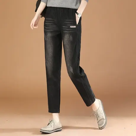 韩潮袭人松紧高腰黑色加绒牛仔裤女2023冬季新款宽松显瘦哈伦长裤商品大图