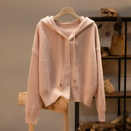 享永子【半溪秋意】安迪绒连帽针织开衫宽松纯色舒适毛衣外套女商品大图