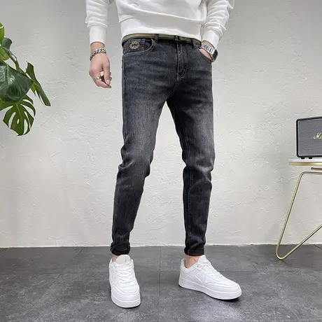 2023秋冬新款时尚男款牛仔裤口袋字母刺绣设计潮流修身小脚长裤男商品大图