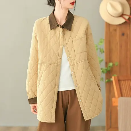 dza 复古衬衫领拼接菱格棉衣外套女士冬季中长款休闲棉服宽松棉袄商品大图