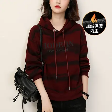 新品8.5折】美式复古连帽印花加绒卫衣女款休闲条纹外套图片