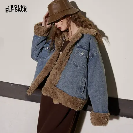 妖精的口袋拼接复古牛仔棉服女2023冬季新款毛茸茸宽松棉衣外套图片