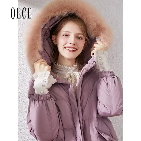 Oece冬新款女装复古大气大毛领带帽中长款加厚羽绒服商品大图