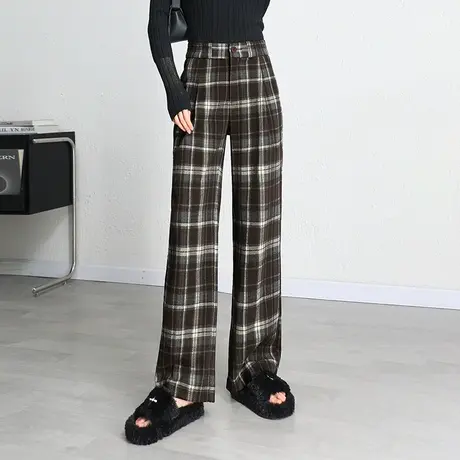 时尚毛呢阔腿格子裤女秋冬2023新款高腰宽松垂感直筒裤休闲长裤子图片