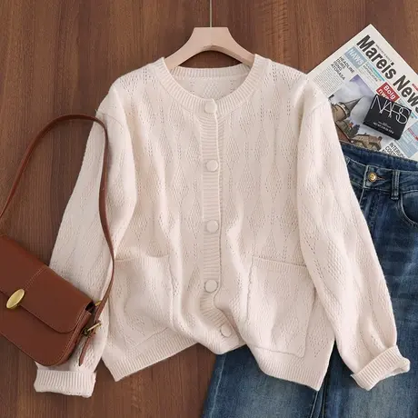 2023圆领纯色秋冬新款长袖纽扣针织衫女士百搭上衣宽松开衫外套女商品大图