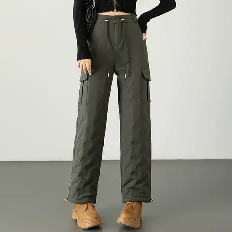 军绿色工装羽绒裤女2023新款冬季外穿宽松休闲直筒鸭绒加厚加绒裤图片