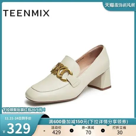 天美意英伦高跟乐福鞋女一脚蹬皮单鞋秋新款商场同款CTQ03CA2商品大图