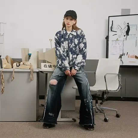 美式风街头潮牌花色外套女春秋2023年新款ins复古宽松设计感上衣商品大图