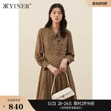 YINER音儿女装春季时尚印花拼接收腰真丝衬衫polo连衣图片