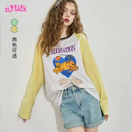 妖精的口袋撞色插肩印花长袖t恤女2023秋季新款宽松大码休闲上衣商品大图
