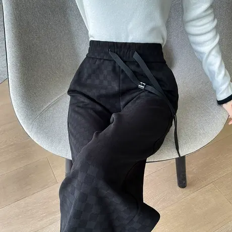 棋盘格阔腿裤女2023早秋新款垂感高腰显瘦宽松休闲直筒提花拖地裤图片