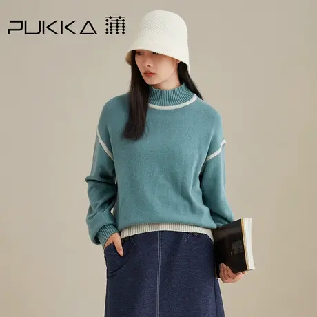 蒲PUKKA 半高领拼色条纹毛针织衫女套头毛衫打底保暖衣秋冬新款图片