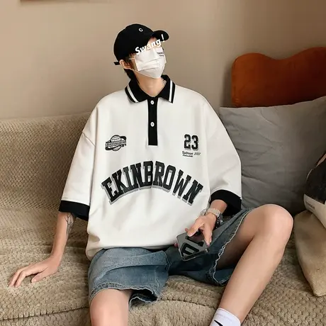 潮牌短袖t恤男夏季美式立体字母印花宽松情侣polo衫男半袖上衣服商品大图
