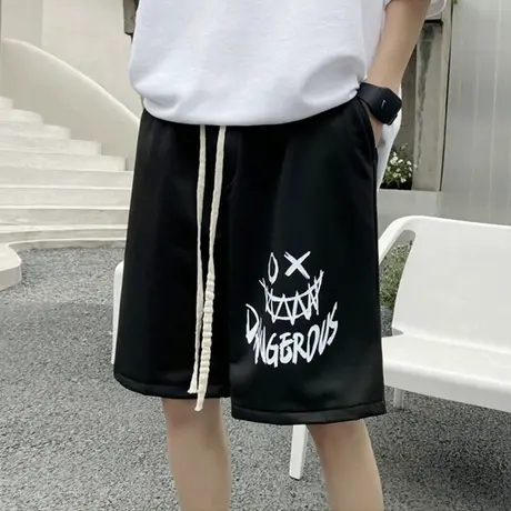 抽绳系带直筒短裤男夏季潮牌运动裤ins潮流宽松休闲笑脸五分裤子商品大图