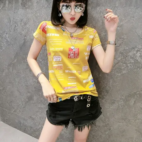 2023新款春夏欧货修身纯棉短袖T恤女装时尚印花丅恤女洋气上衣潮t商品大图