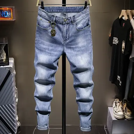 夏季薄款蓝色潮牌牛仔裤男简约修身小脚男士百搭韩版潮流长裤子男商品大图