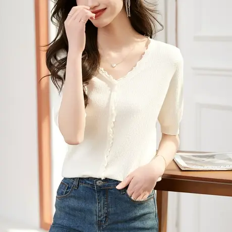 时尚气质针织短袖开衫2023年夏季新款淑女温柔修身显瘦薄款上衣图片