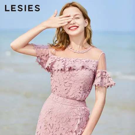 蓝色倾情夏季女装新款温柔风上衣女夏粉色网纱短袖蕾丝衫露肩上衣图片