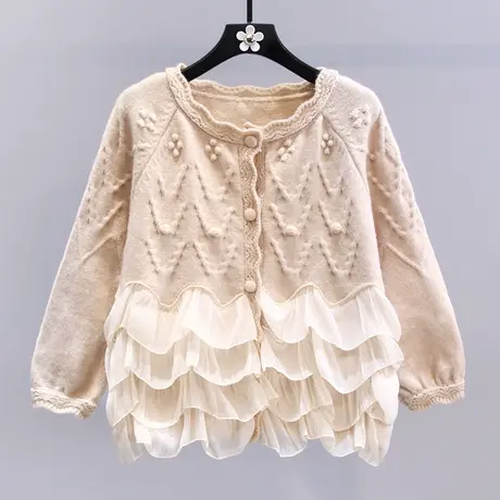 温柔风荷叶边拼接毛衣外套女秋冬2023新款设计感小众宽松针织开衫商品大图