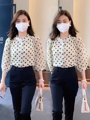 衬衫女装春季2023新款时尚洋气小衫圆领七分袖纯色气质显瘦衬衫女商品大图