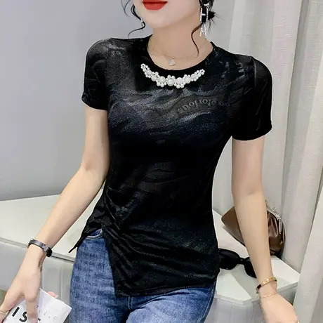 性感网纱开叉上衣女短袖时尚洋气钉珠T恤夏装不规则收腰显瘦小衫商品大图