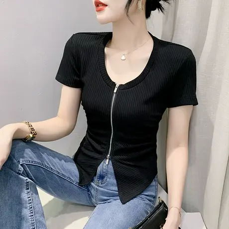 设计感拉链短袖T恤女2024夏装新款修身短款上衣时尚圆领百搭小衫商品大图