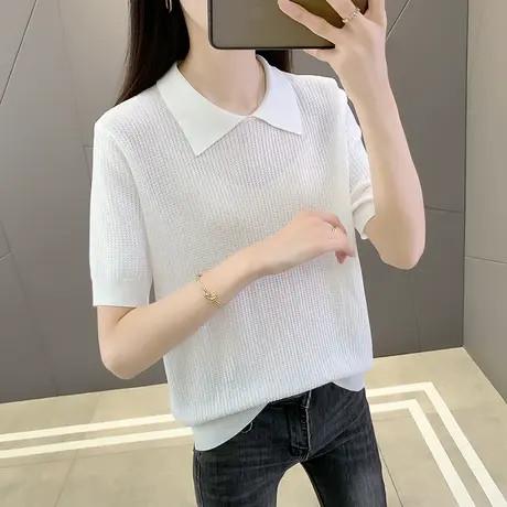 2023新款夏季POLO领冰丝针织短袖女时尚洋气宽松娃娃领镂空内搭女商品大图