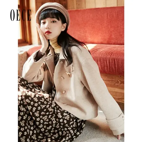 Oece复古短款毛呢外套冬新款女气质小个子呢大衣图片