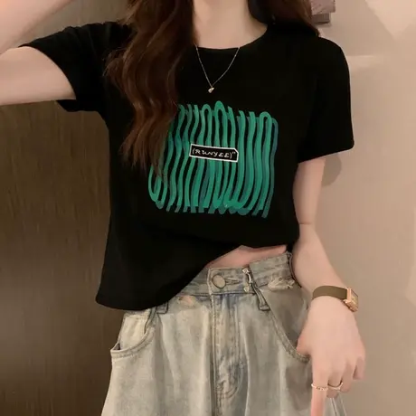 黑色短袖T恤女2023新款夏季正肩修身设计感小众纯棉短款上衣ins潮商品大图