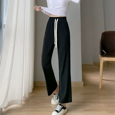 百褶条直筒阔腿裤女凉爽透气长裤夏季外穿显瘦ins风韩版显腿长裤图片