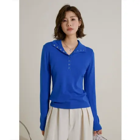 【含绵羊毛】弥古蓝色polo领长袖针织衫女春秋外穿设计感上衣商品大图