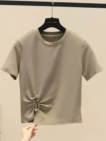 设计感镂空褶皱钉珠短袖T恤女2023夏装新款洋气时尚体恤小衫上衣图片