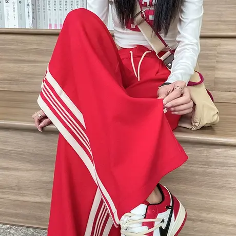 红色阔腿裤女运动裤高腰垂感2023春秋季拖地宽松条纹直筒休闲卫裤图片