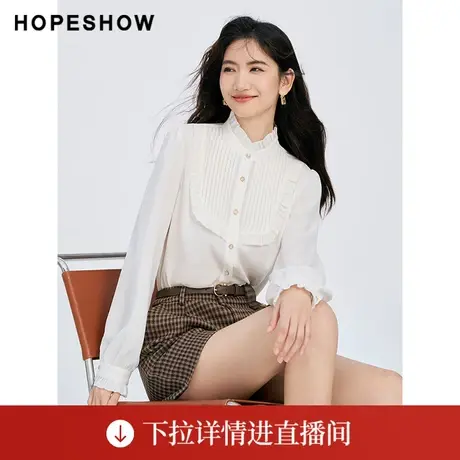 【直播专享】木耳边单排扣立领暖感雪纺衬衫90123350302红袖商品大图