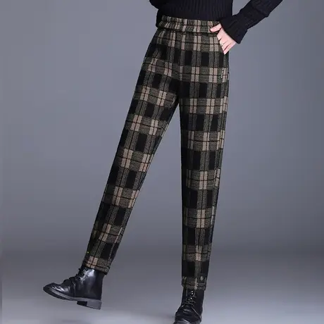 格子休闲裤哈伦裤女秋季2023新款松紧腰显瘦遮胯小个子萝卜裤长裤商品大图