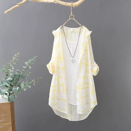 夏季新款连帽印花衬衫女中长款长袖纯棉防晒衣宽松薄开衫外套衬衣商品大图