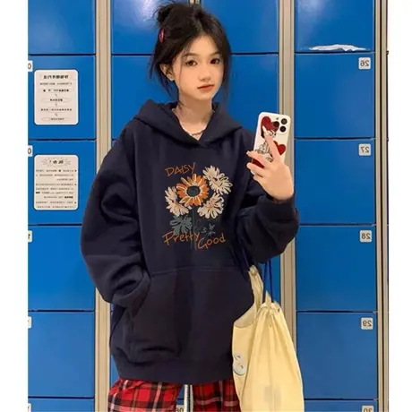 美式复古hiphop潮牌卫衣女春秋薄款oversize慵懒风连帽小个子外套图片