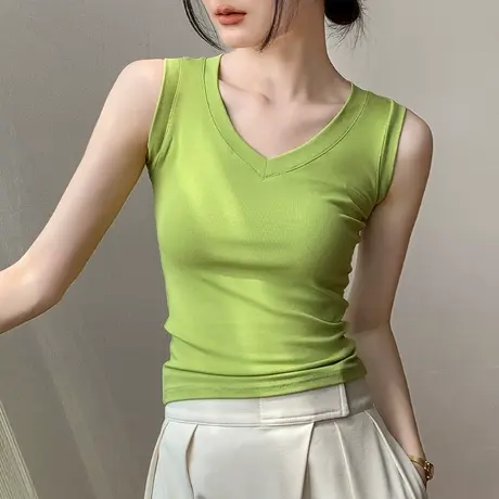 V领无袖T恤女2023夏新款莫代尔薄款透气收腰显瘦纯色百搭洋气上衣图片
