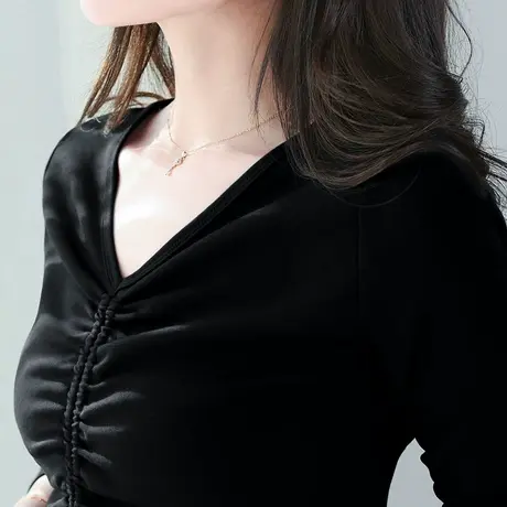 女式打底衫修身百搭显瘦黑色长袖上衣2024春秋大码内搭抽拉绳t恤商品大图