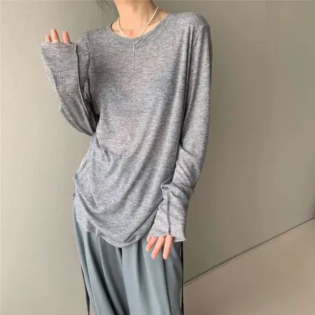 长袖t恤女夏季2023新款韩版宽松透视白色薄打底套头防晒衣罩衫潮商品大图